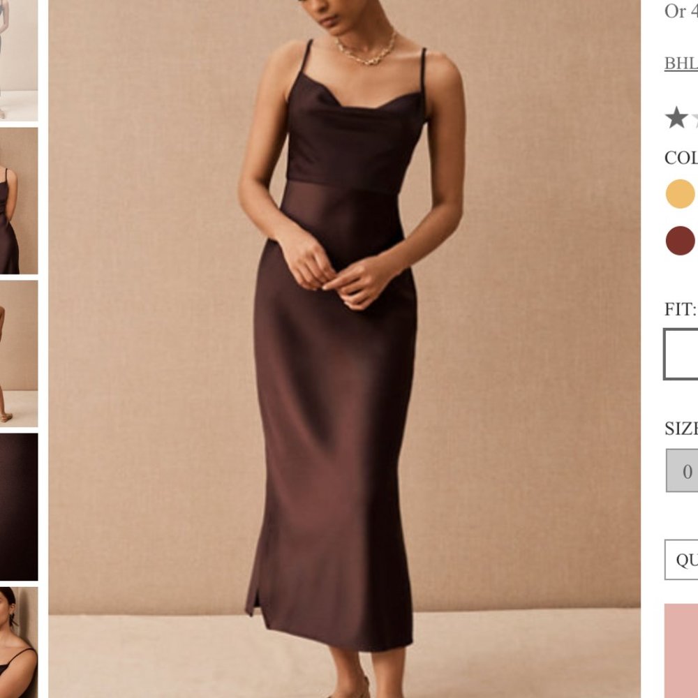 BHLDN Satin Slip Midi Dress in Deep Brown